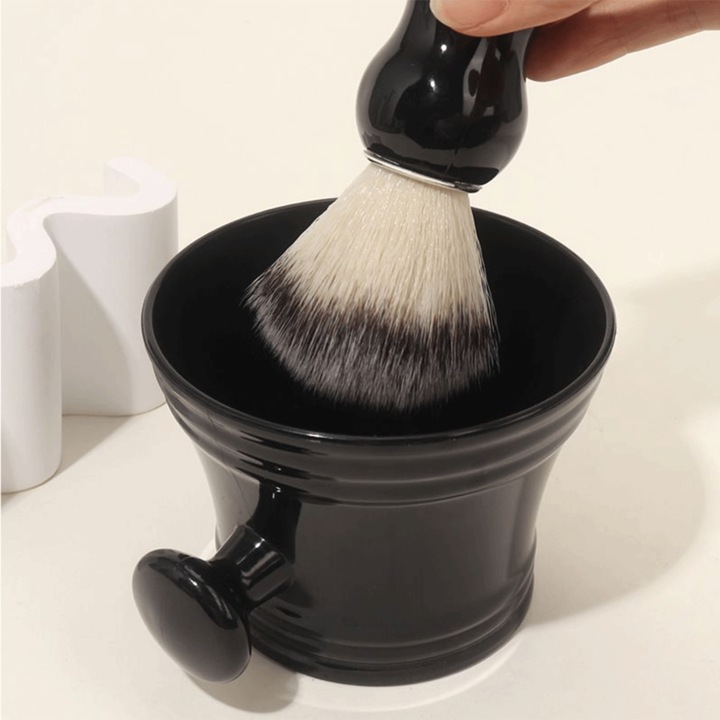 Set Premium de Barbierit, Bol si Pamatuf pentru Spuma de Ras, Pensula Sintetica Profesionala si Bol Elegant pentru Spuma, Pentru Pregatirea Pielii inainte de Ras, Accesorii Clasice, Calitate Premium, Negru, PriStyle®