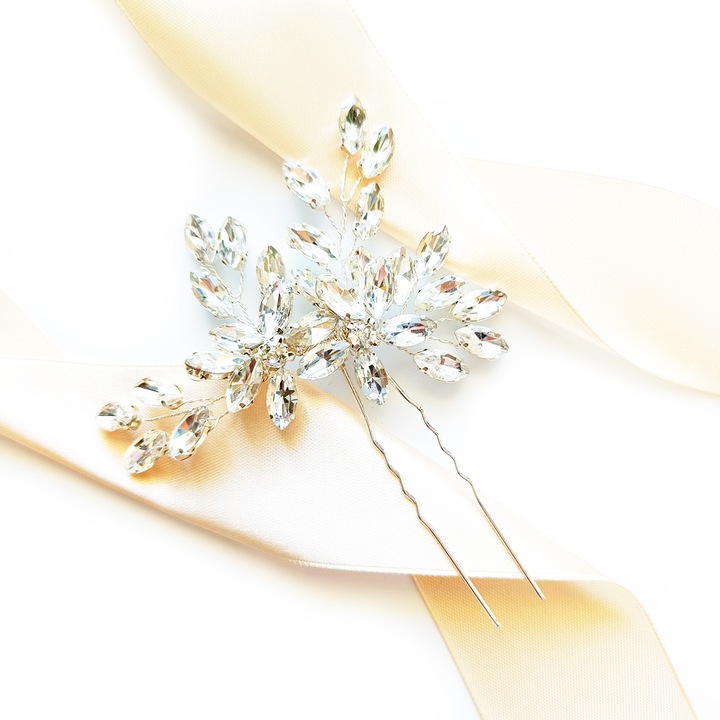 Сребърен аксесоар за коса кок фиба цветя блясък, Сребърна фиба за коса кок цветя цирконий блестящо бижу