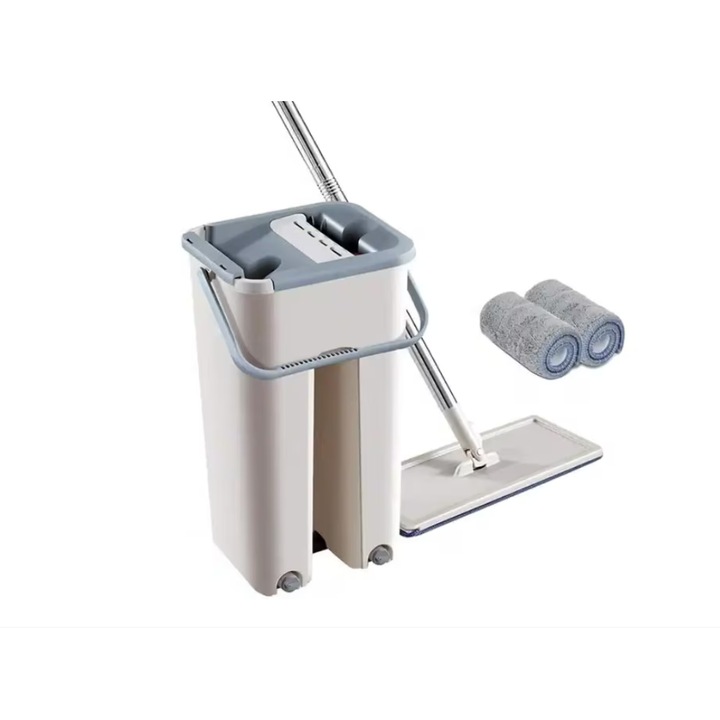 Set Galeată cu Storcător și Mop Plat, 2 Cuve pentru Spalare și Uscare, 2 Lavete Microfibra Reutilizabile, Gri