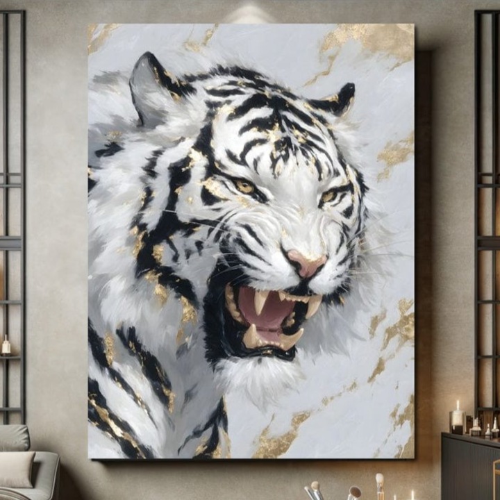 Tablou Canvas Premium, LuxCanva® M1434, Puterea Ragetului, 45 X 60 CM, Panza Bumbac 100% 400g/m2, Sasiu Lemn, Marmura, Auriu, Tigru, Fiara, Felina, Forta, Furie, Colti, Dungi, Birou, Living, Camera Copil