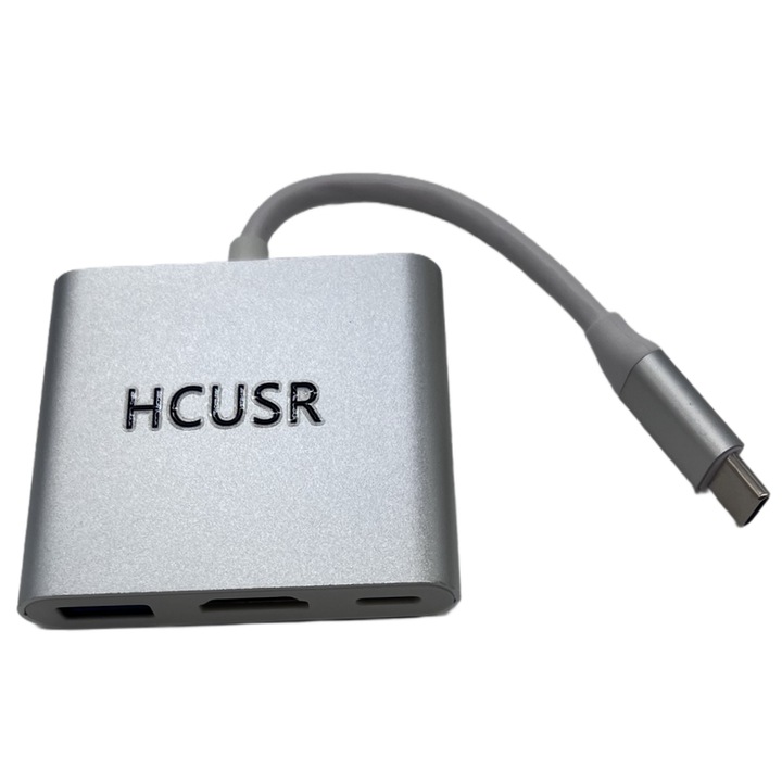 Хъб 3 в 1 HCUSR, USB-C към HDMI, 4K, 100W PD, USB 3.0, Сребристо бял