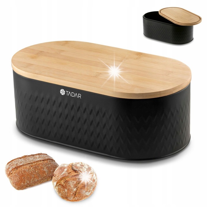 Кутия за хляб Tadar Iconic, метал, бамбук, черен, 34x18x12,5 см