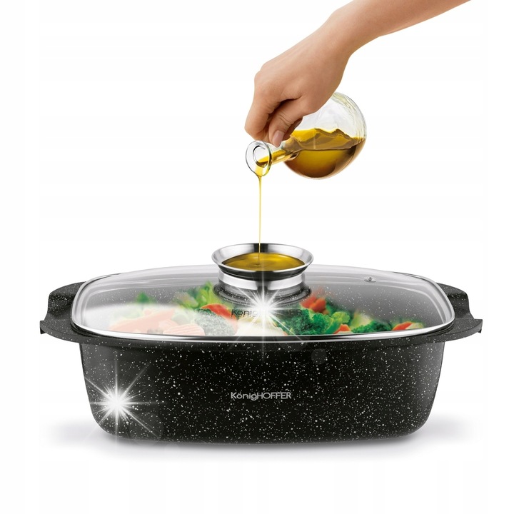 Téglalap alakú Tadar Kingstone sütőedény, 5,5 l, kerámia, fedő aromadiffúzorral, 39x22x11cm, fekete