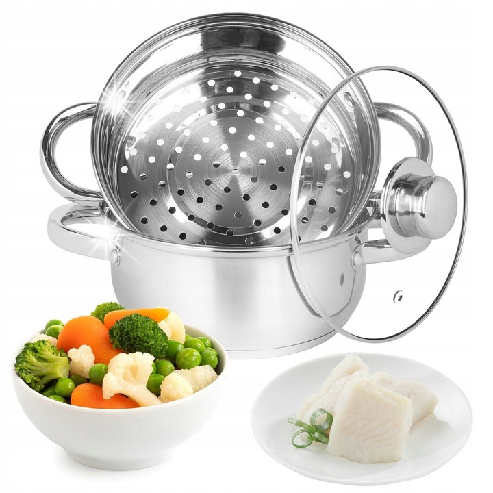 Gőzedény Tadar Sano 2L, rozsdamentes acél, üvegfedő, 3 részes, ezüst