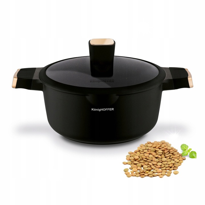 Тенджера с капак Konighoffer Black Rose, 4 л, 24 см, черна, незалепваща Marble Plus, за всички видове котлони