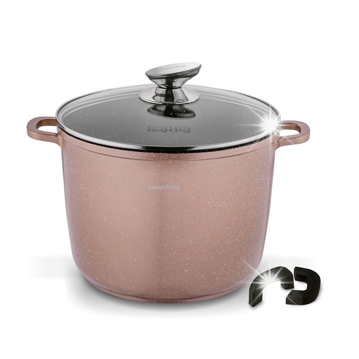 Pollo Rose Gold 24 cm-es márvány magas fazék, 6,8 liter űrtartalommal, üvegfedővel és szilikon fogantyúkkal