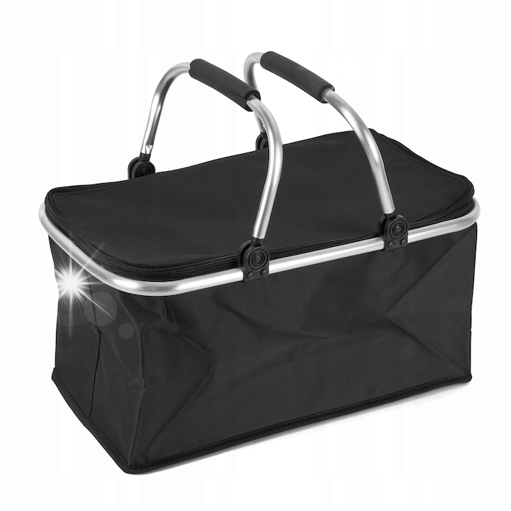 Hőtartó piknikkosár Tadar, 48x28x24cm, fekete, fogantyúval, hőszigeteléssel