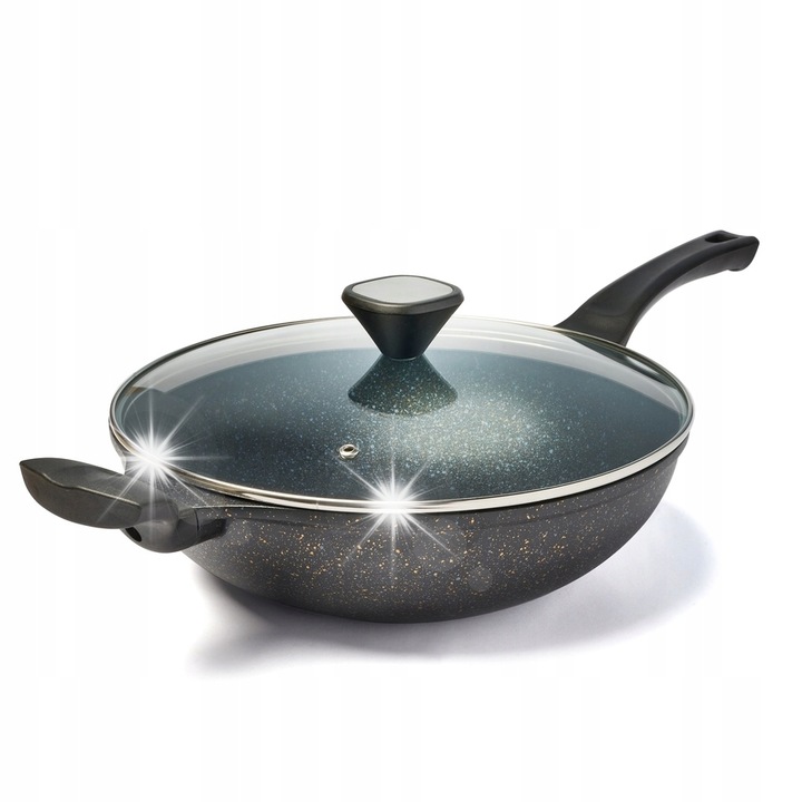 Уок тиган със стъклен капак, 30 см, две дръжки, незалепващ, за всички видове котлони, Konighoffer