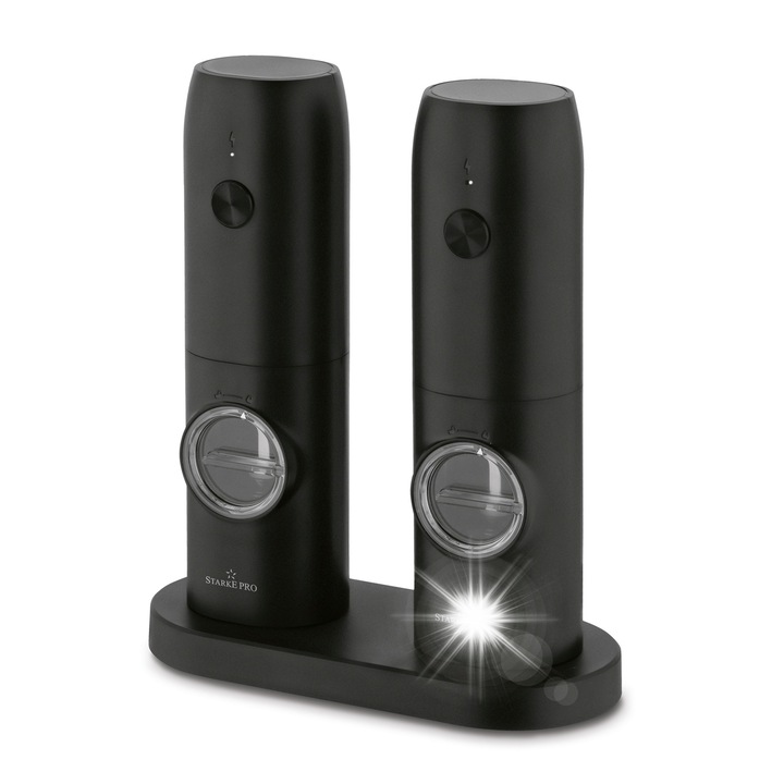 Set rasnite electrice pentru sare si piper, 2 bucati, Starke Pro Parvis, negru, 5.5x4.5x18cm