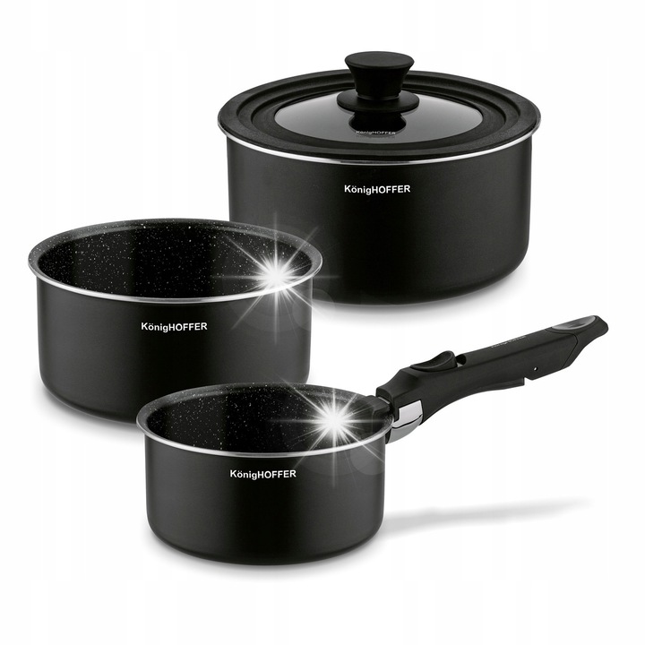 Konighoffer Spinel Black tapadásmentes edénykészlet, 3 méret, univerzális fedő, fekete szín