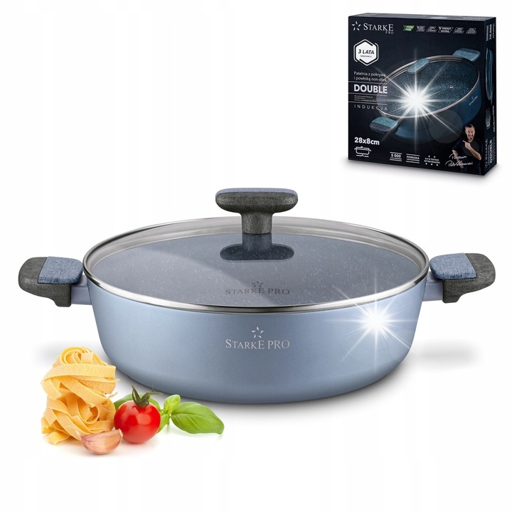 Tigaie adanca cu capac Starke Pro Double 28 cm, aluminiu, non-stick, albastru-gri, set 2 piese