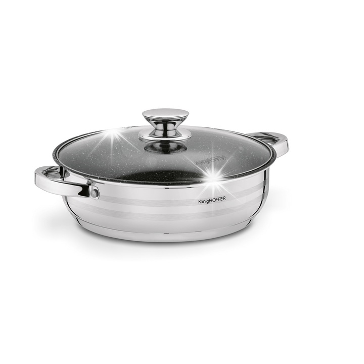 Тиган с къси дръжки Тадар Бари Силвър 28 см, неръждаема стомана, незалепващо покритие, включен капак