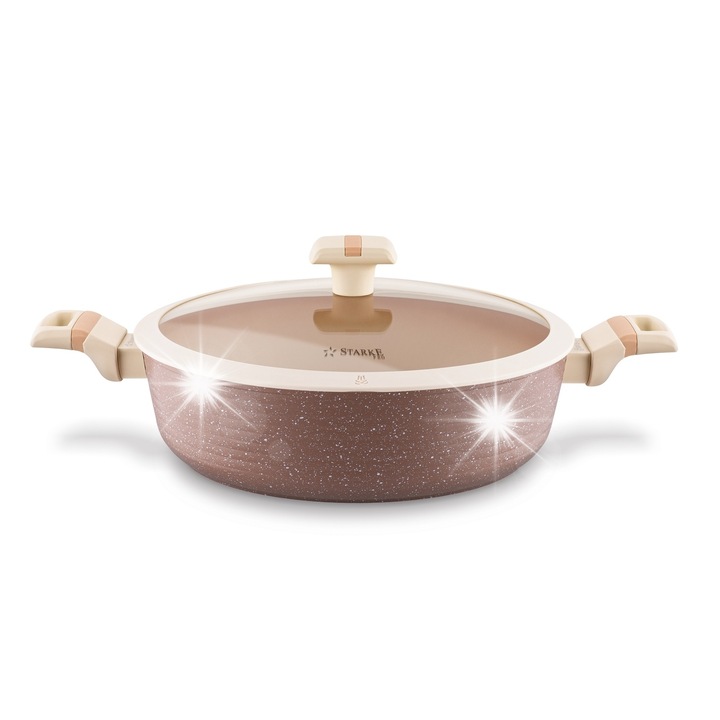 Mély serpenyő fedővel és rövid fogantyúkkal Starke Pro Coretto 28 cm, alumínium, tapadásmentes, barna, krém