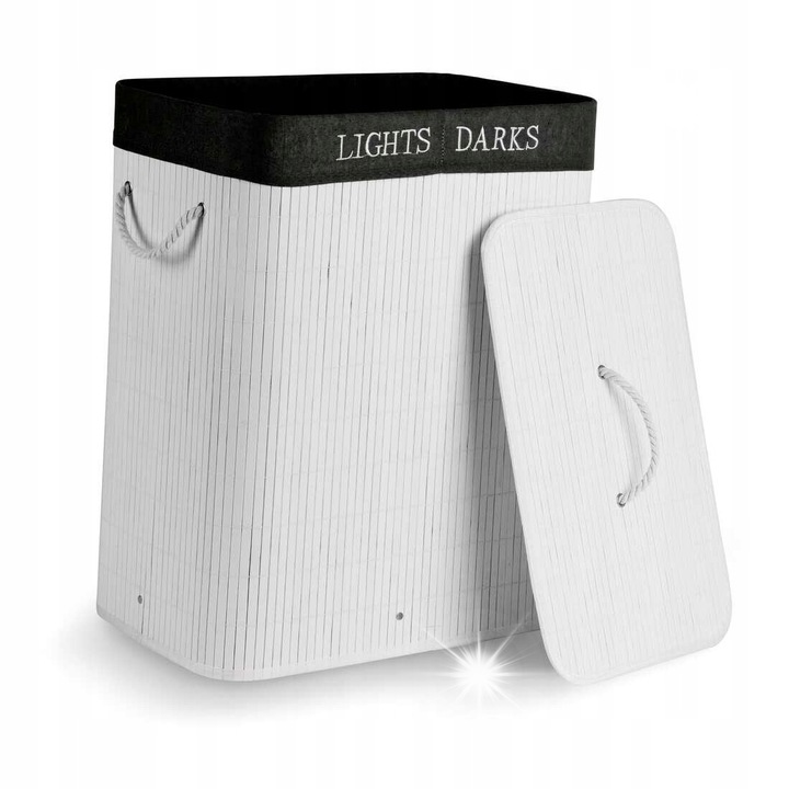 Сгъваем кош за пране Tadar, бял, от бамбук, с капак, 2 отделения, 53x32x63 см