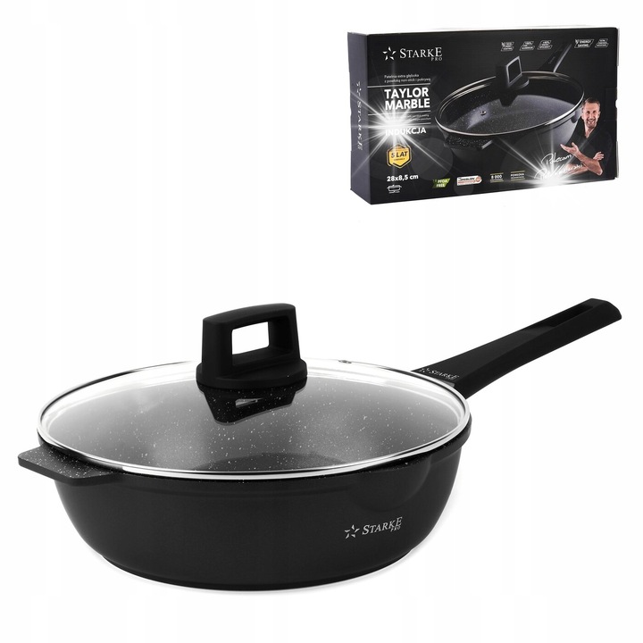 Mély serpenyő Starke Pro, 28 cm, tapadásmentes, fedővel, minden típusú főzőlaphoz, fekete