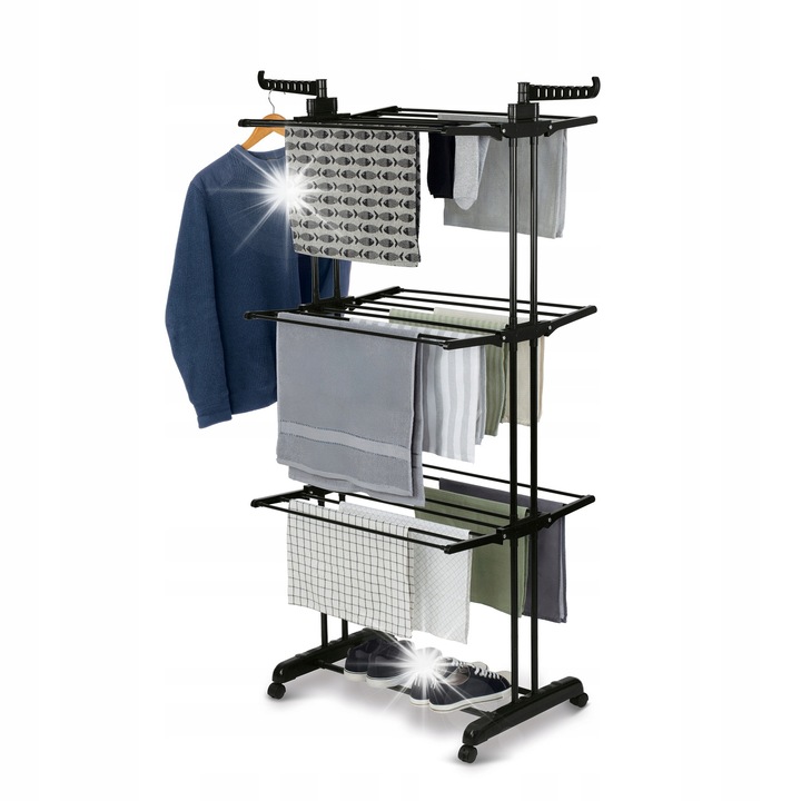 Вертикална сушилня за дрехи Тадар с колела и рамена за закачалки, 75x64x175 см, черен, комплект