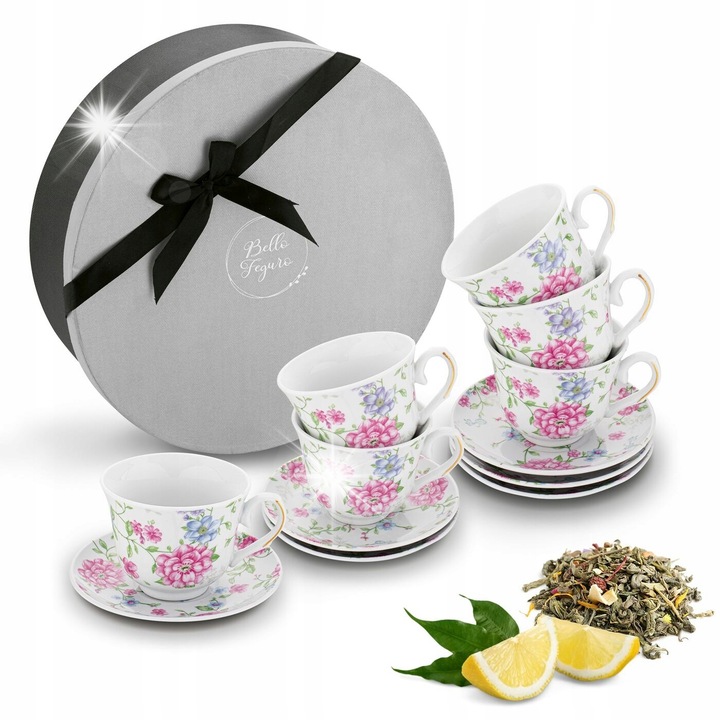 Tadar Bella Feguro Vittoria 6 darabos porcelán bögre készlet, 250 ml, fehér, kék, rózsaszín