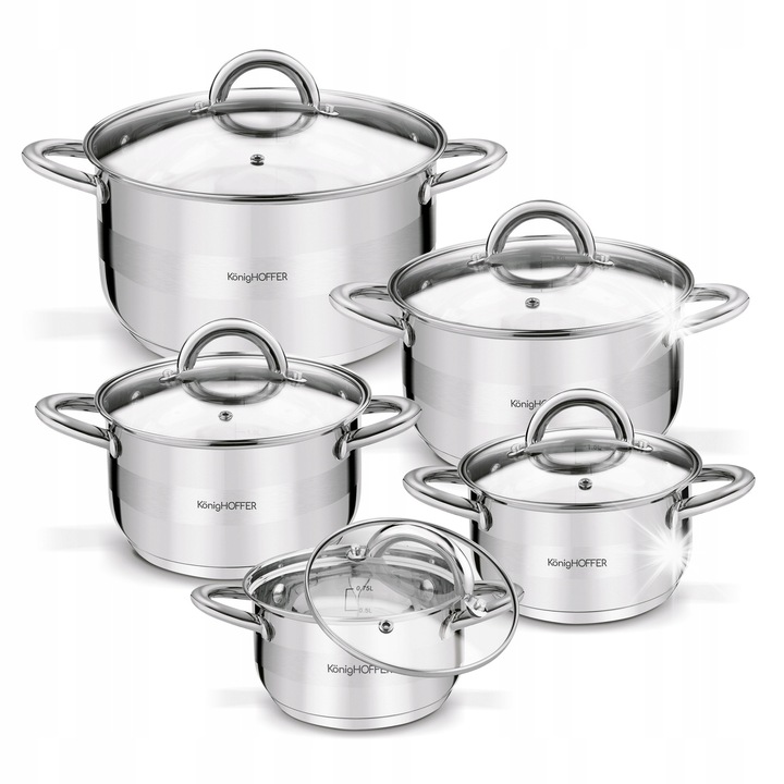 Konighoffer Faro 5 db-os indukciós edénykészlet fedővel, 1,2-5,9l, rozsdamentes acél, ezüst