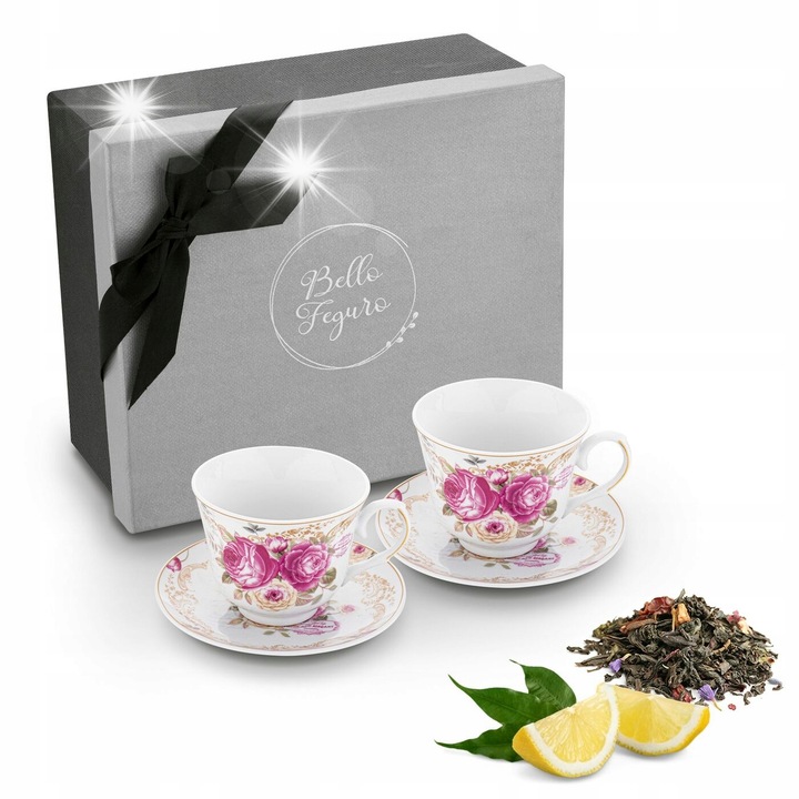 Комплект 2 чаши с 2 чинийки Tadar Bella Feguro Chiara, бяло-розов, 250 мл, 12x9x7,5см