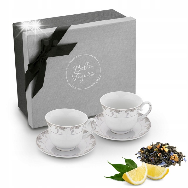 Комплект 2 порцеланови чаши с чинийки, Tadar Bella Feguro Paola, бял, 12x9x7,5cm