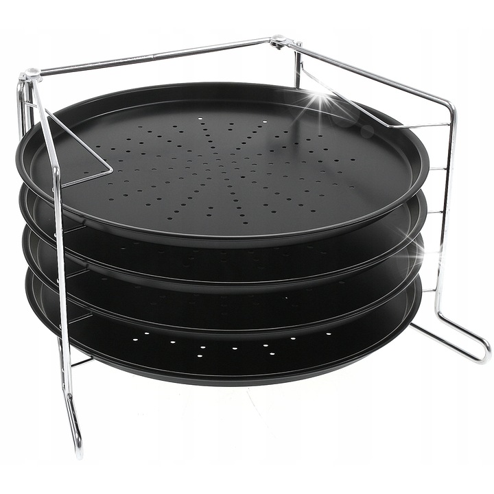 4 darab pizzatálca tartóval, Konighoffer, 28 cm, szénacél, 230°C-ig hőálló