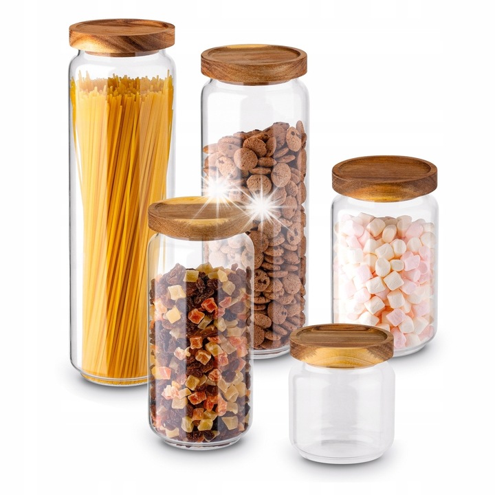 Tadar 5 db-os élelmiszeres üveg szett, fa tetővel