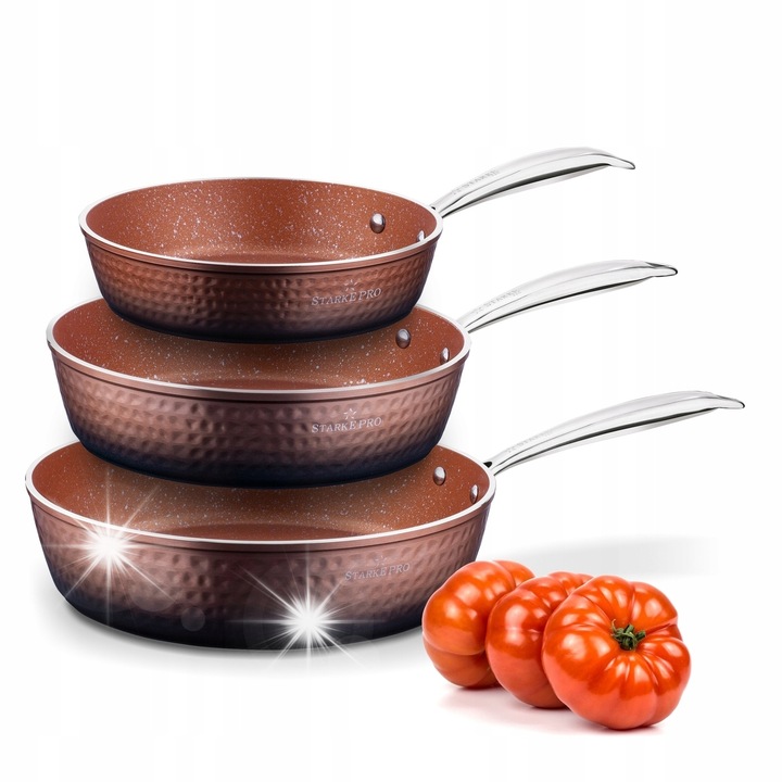 Комплект тигани Starke Pro, 20/24/28см, дръжки от неръждаема стомана, незалепващи, мед