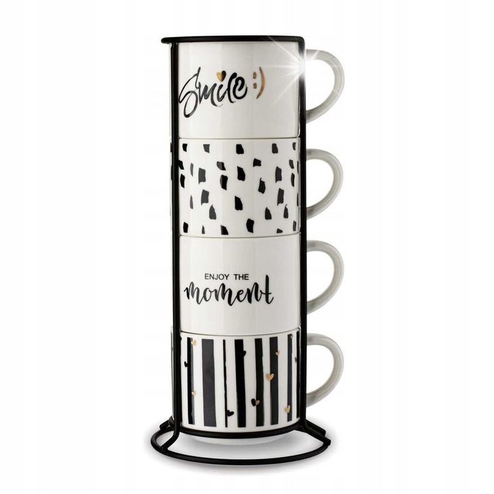 4 db porcelán bögre készlet fém tartóval, Tadar, 300 ml, fehér, 11,5x8,5x7,5 cm