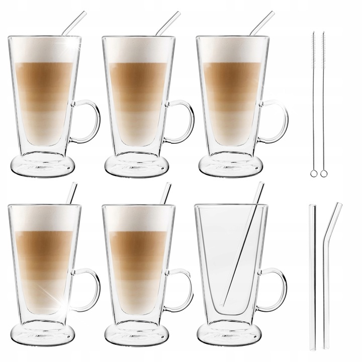 Комплект от 6 термочаши Tadar Sublime Latte 250 мл, 8 стъклени сламки с четка, прозрачни, 14,5x8 см