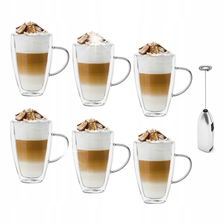 6 darabos szett, hőtartó poharak habosítóval, Tadar Sublime, 400 ml, átlátszó, ezüst