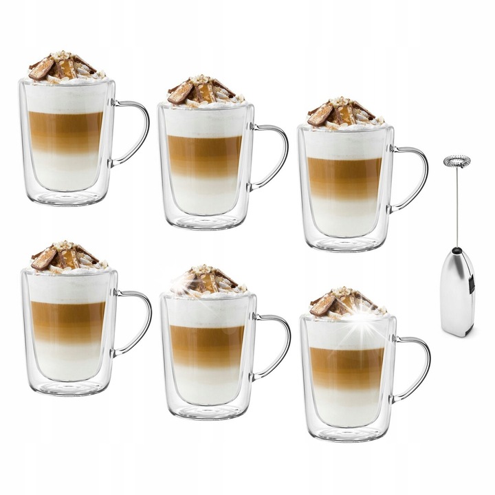 Tadar 6 db-os termopohár készlet, 300 ml, tejhabosítóval, átlátszó, ezüst