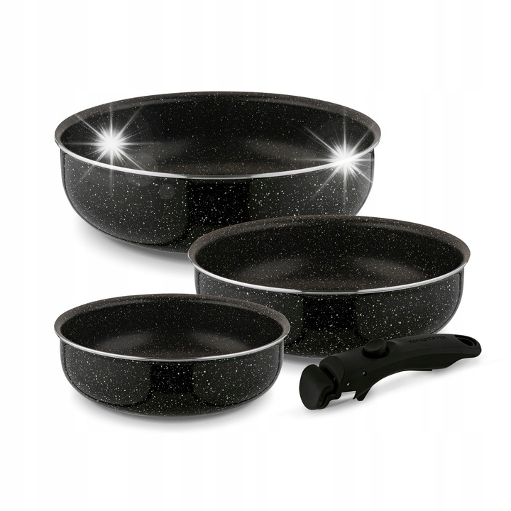 Комплект тигани Konighoffer Spinel Black 20/24/28см, незалепващи, с подвижна дръжка, черен