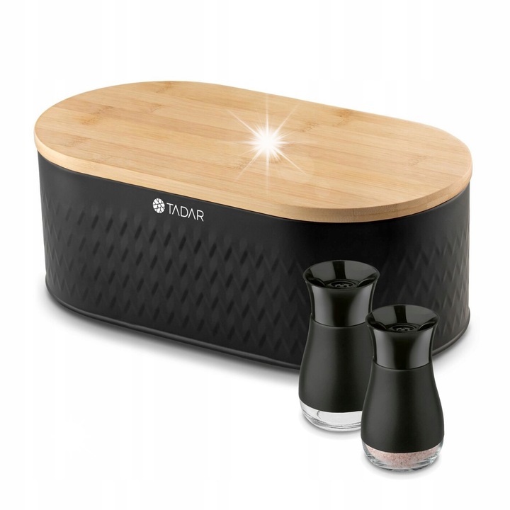 Комплект черна хлебница от стомана Tadar Iconic 34 x 18 x 12,5 см + 2 съда за подправки 140 мл