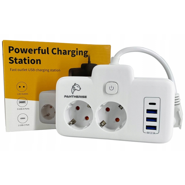 Priza De Alimentare Usb, Pantherise, 6 In 1, 2X Priza Ac / 4X Usb, Incarcator Compact De Perete / Cu Comutator De Alimentare, Pantherise / Incarcare Rapida Usb, Alb