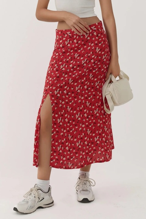 Fusta midi, HiCCUP, talie inalta, imprimeu floral, rosu, poliester