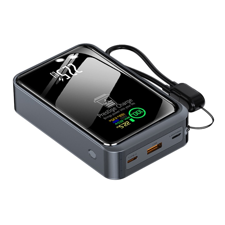 Baterie Externa Portabila PRESTIGE CHARGE®, Powerbank cu Incarcare Simultana Rapida PREMIUM, Acumulator 20.000 mAh, 1 x USB, 1 x USB-C PD, 1 x Lightning, 22.5W MAX, Cablu Type C Lightning Inclus, Telefon, Tableta, Casti, Samsung, Apple, pentru Avion, Gri