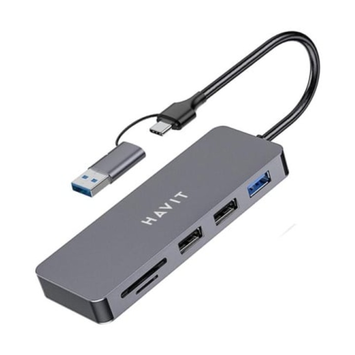 USB-C többportos hub 5 az 1-ben HAVIT HV-H41, 3 USB A, 2 SD kártyahely, 110 x 40 x 12 mm, Adatátviteli sebesség 5 Gbps, Ezüstszürke