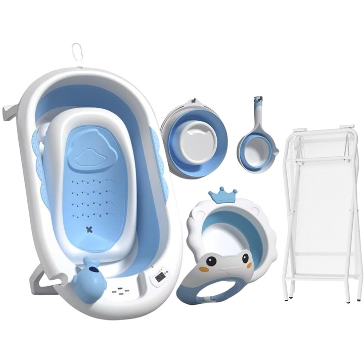 Пълен комплект за баня 7в1 SplashUP® Сгъваема термо вана за бебета с поставка, Хамак, Вграден цифров термометър, Кофа, Кана, Шапка за баня, Държач за душ слушалка, Отвор за оттичане, Без BPA, Противоплъзгащ, Синя лагуна