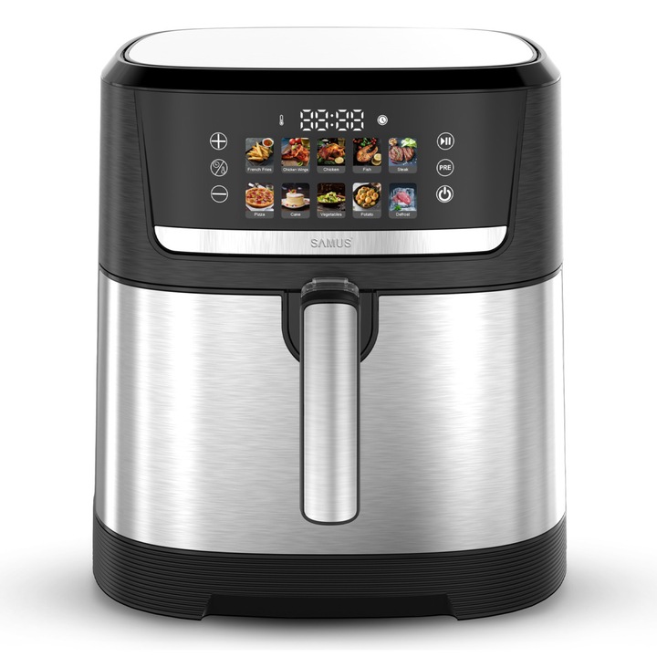 Friteuza cu aer cald Samus AF8.5-S2000D, 2000 W, 8.5 L, Afisaj electronic color, Touch control, Timer, 10 programe, Tehnologia Fry-Force 360°, Cos gratar antiaderent detasabil
