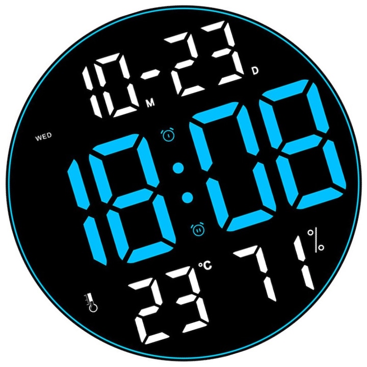 Ceas Digital de Masa si de Perete Rotund cu Lumina Led Albastru, Calendar, Temperatura,2 Alarme, Termometru, Functie Snooze,5 Trepte de Intensitate, Telecomanda, Afisare Umiditate,30cm, Stil minimalist nordic, Lampa de perete pentru living