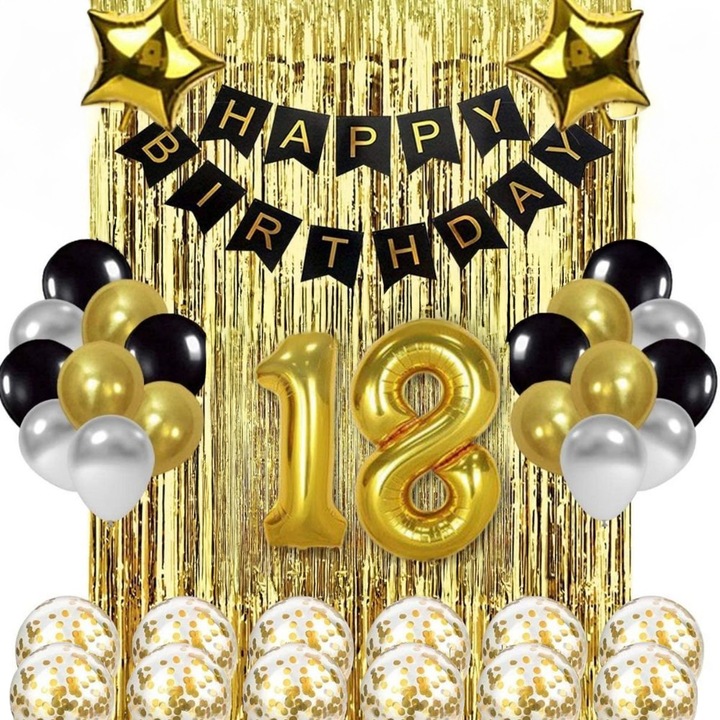 55 lufi szett, girland és dekorfüggöny, Zola, 18-as számú lufik, konfetti, fekete/arany