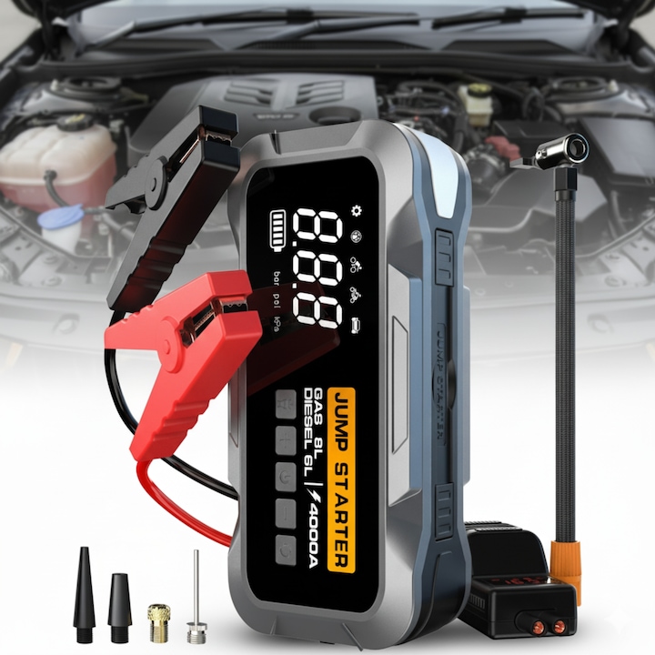 Jump starter baterie auto power si compresor aer, pornire rapida a masinii, functie baterie externa, 24000mAh, 3 moduri de lumina LED, 4000A, 12V, argintiu cu negru