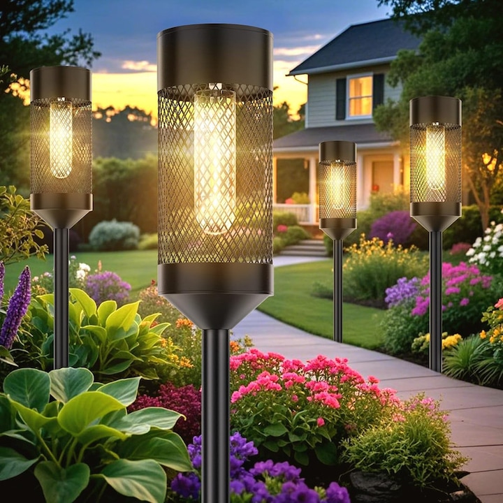 Соларни лампи за градина и балкон, комплект от 4 декоративни външни соларни лампи, IP65, време на светене до 12-14 часа, черен