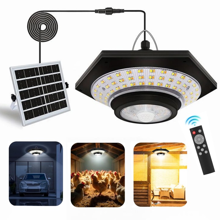 Lampa solara pentru interior si exterior, 228 LED, 3 temperaturi de culoare, 2700K, 4500K, 6000K, cablu 5M, IP65, panou solar 6V/5W, baterie 3.7V/4400mAH 18650, design inovator, Pentru cotet de gaini, hambar, curte, foisor, garaj