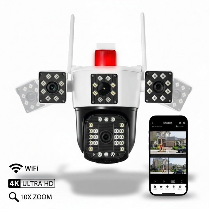 Камера за наблюдение 12MP, 10x оптично увеличение, 4K, нощно виждане, мобилна свързаност, съхранение на карта/облак