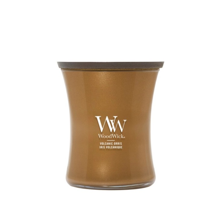 Средна свещ WoodWick Volcanic Orris, нотки на круша, ирис, сандалово дърво