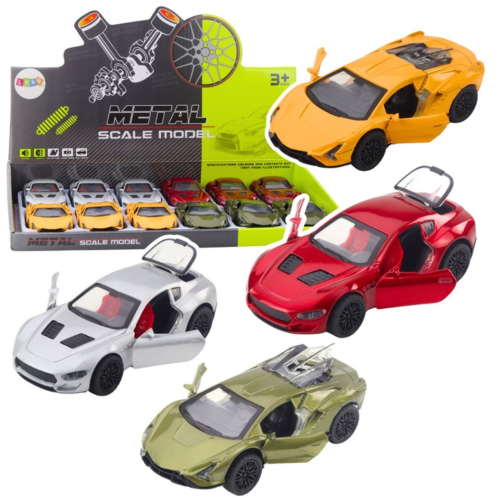Masinuta sportiva metalica LEAN Toys cu efecte luminoase si sonore, 12x5,5x3,5cm, mix culori, set 12 buc.