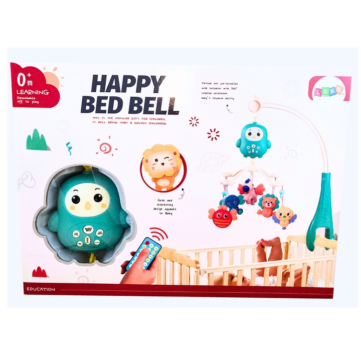 Carusel patut LEAN Toys, cu melodii, controlat de la distanta, albastru, 54x44cm