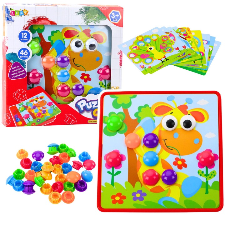 Oktató puzzle 12 lappal és 46 színes gombbal, LEAN Toys, többszínű, 25,7x25,7x4cm