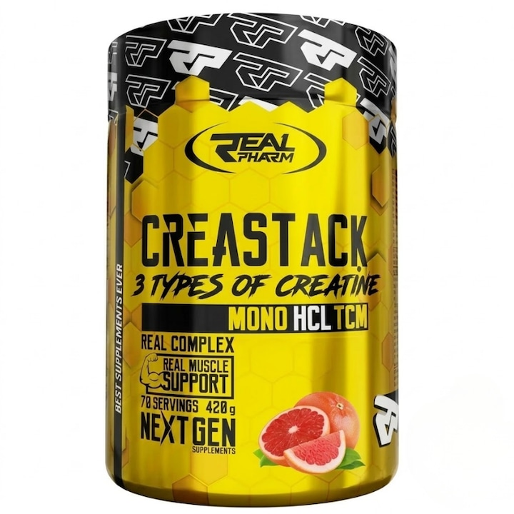 Creatina STACK Real Pharm, Pudra 420g, 3 TIPURI DE CREATINA – Creatina monohidrata, HCL, TCM, Grapefruit